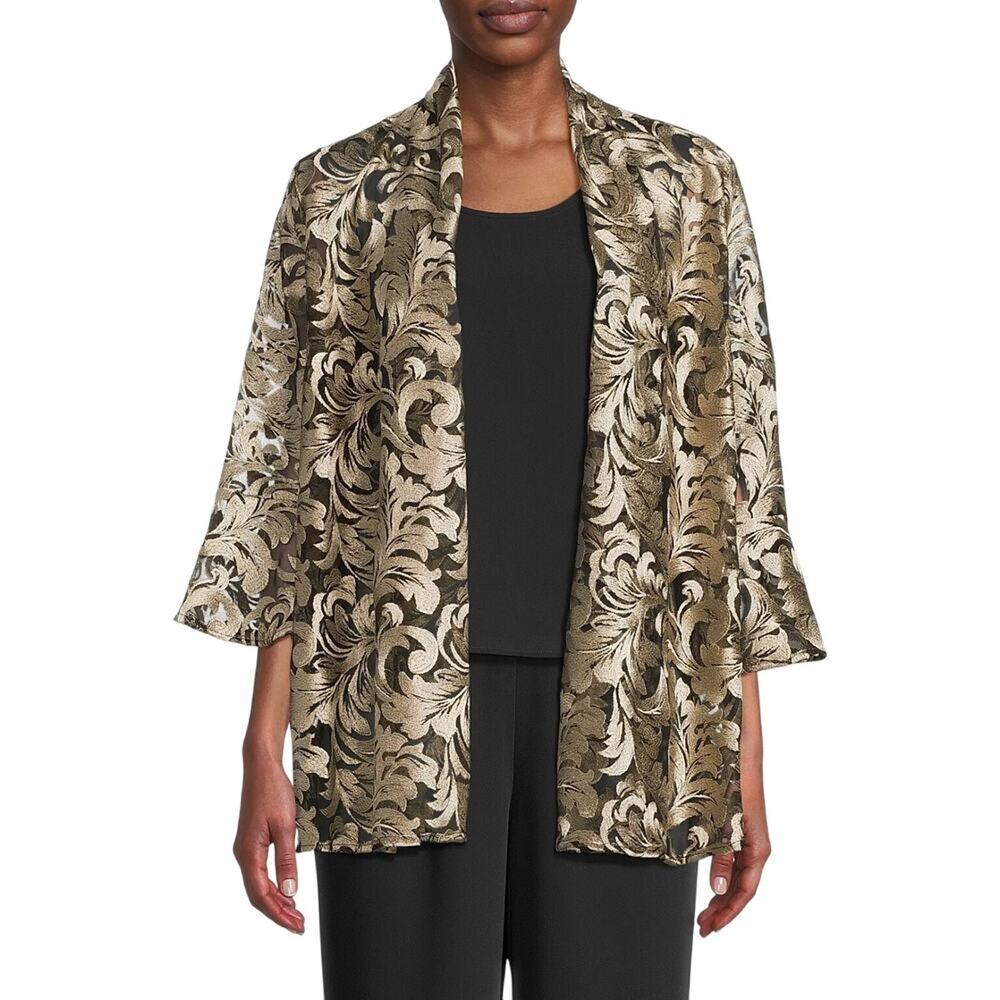 Caroline Rose $398 Bella Soirée Lace Embroidered Draped Champagne Black Jacket S